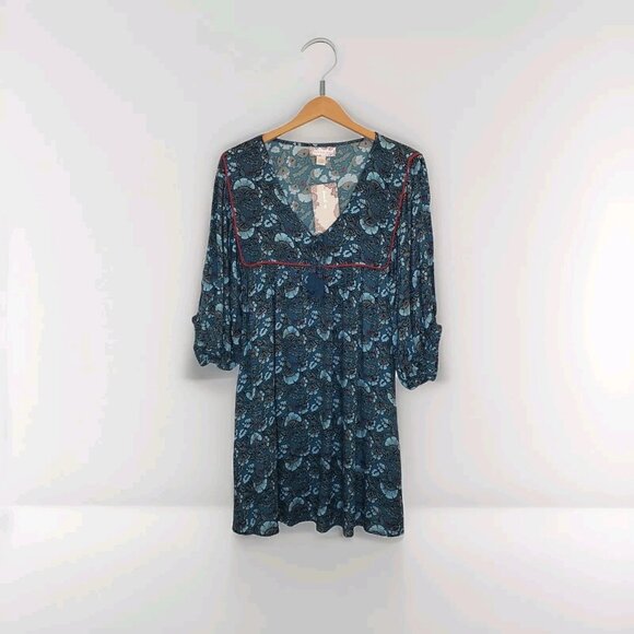 Band Of The Free Mallory Floral Babydoll Mini Dress Size Medium Deep Teal Aqua